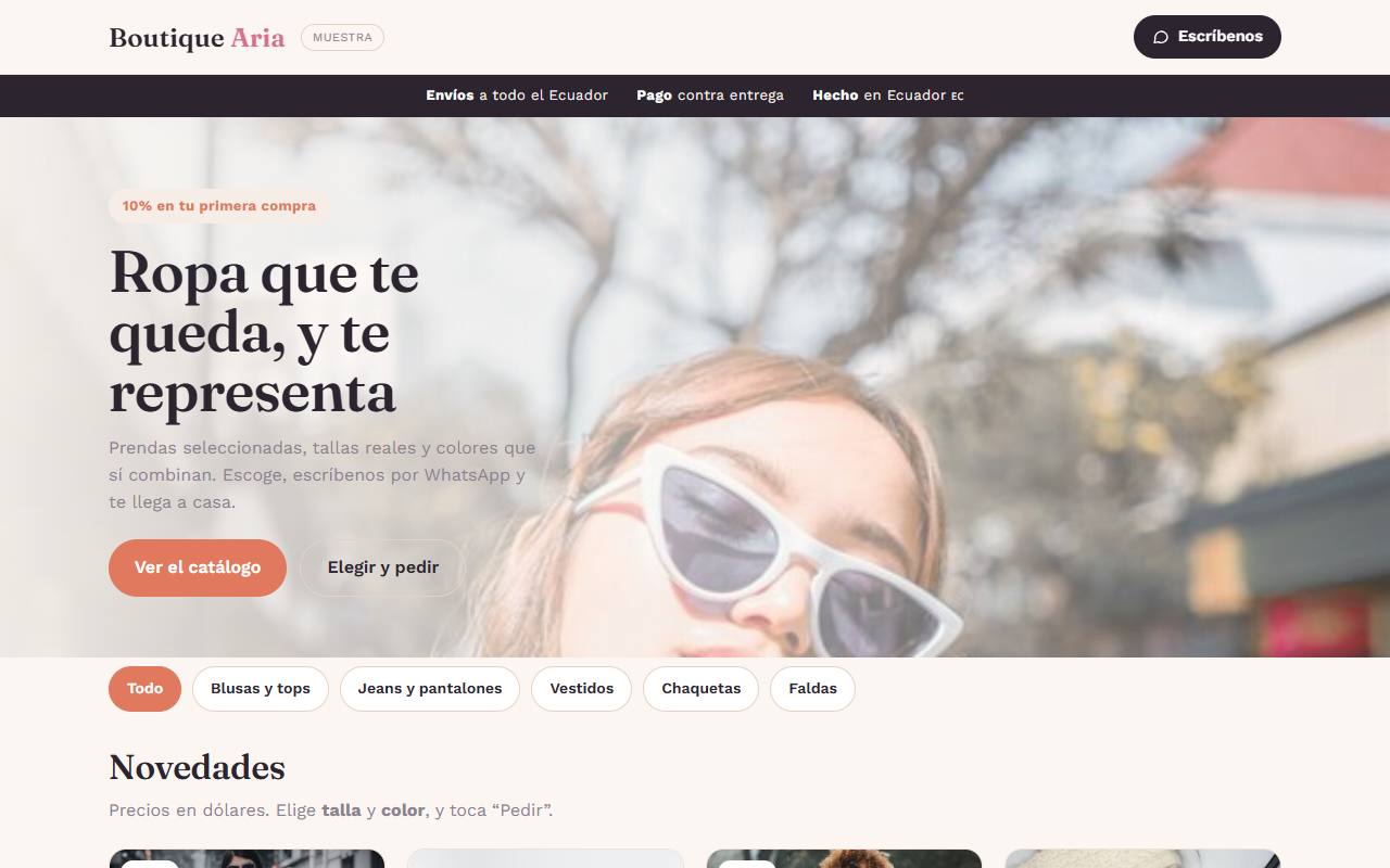 Página de ejemplo de una boutique de ropa
